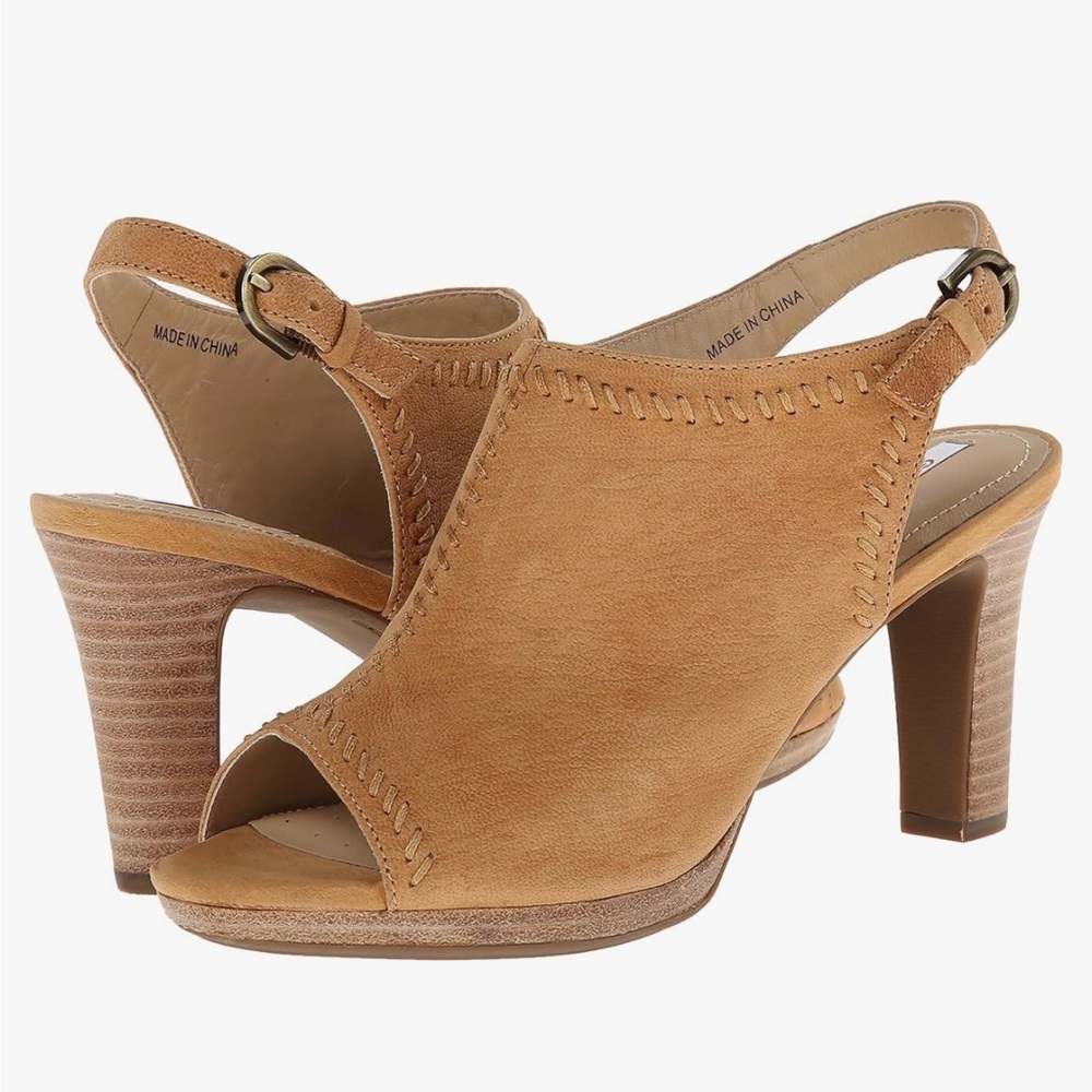 NWT Geox d Lana Tan Leather Peep-Toe wood block Heel sandals size eu 37.5 or 7.5